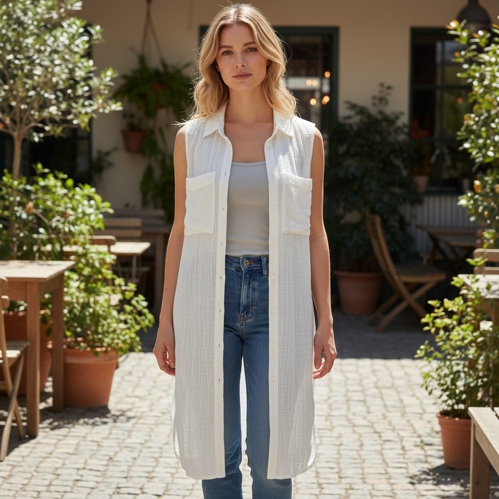 Helmut Lang White Sleeveless Button Down Tunic High Slit Sheer Shirt‎ Size P TP